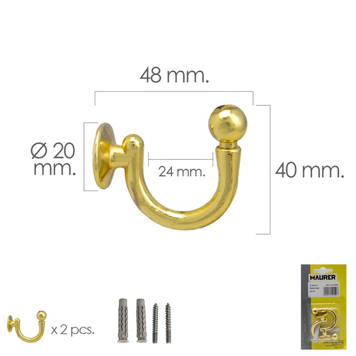 [5391010] Gancho Latonado Atornillabe 48 mm. Con tacos y tornillos (Blister 2 piezas)