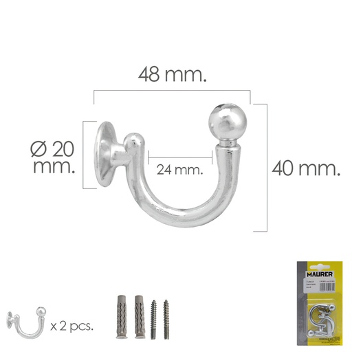 [5391015] Gancho Cromado Atornillabe 48 mm. Con tacos y tornillos (Blister 2 piezas)