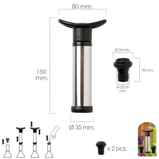 [5057030] Bomba Vacio Vino Acero Inoxidable Con 2 Tapones