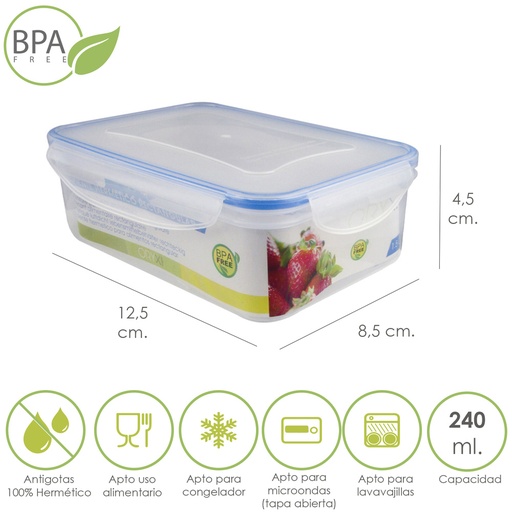 [5025000] Recipiente Hermetico Plastico Rectangular 240 ml. 12.5x8.5x4.5 (Alt.) cm.