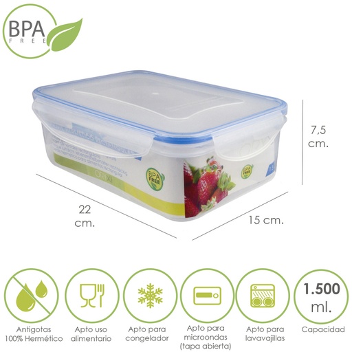 [5025004] Recipiente Hermetico Plastico Rectangular 1.500 ml. 22x15x7.5 (Alt.) cm.