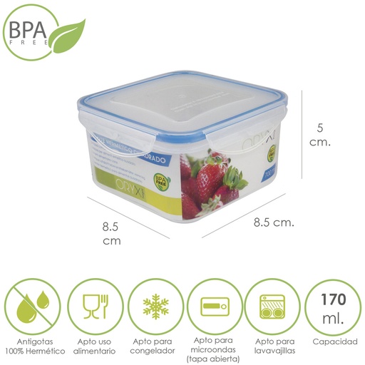 [5025010] Recipiente Hermetico Plastico Cuadrado 170 ml.  8.5x8.5x5 (Alt.) cm.