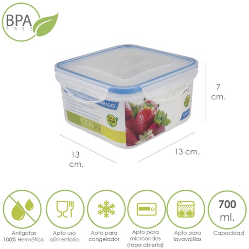 [5025012] Recipiente Hermetico Plastico Cuadrado 700 ml.  13x13x7 (Alt.) cm.