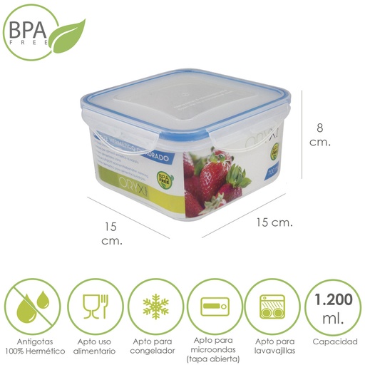 [5025013] Recipiente Hermetico Plastico Cuadrado 1200 ml.  15x15x8 (Alt.) cm.