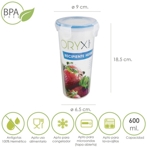 [5025030] Vaso Recipiente Hermetico Medidor Plastico Redondo 600 ml. Ø 9x18.5 (Alt.) cm.