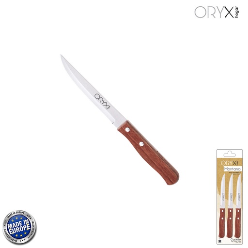 [5800055] Cuchillo Montana Multiusos Hoja Lisa Acero Inoxidable 11 cm. Mango Madera (Blister 3 piezas)