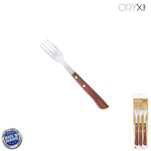 [5800285] Tenedor Montana Chuletero Acero Inoxidable 9 cm. Mango Madera (Blister 3 Piezas)