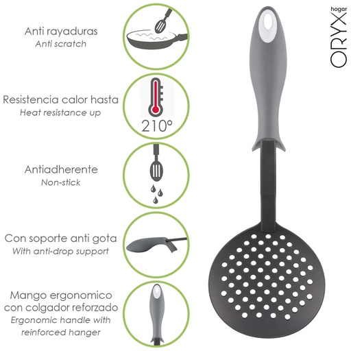 [5076011] Espumadera Cocina Nylon Con Mango Antigotas Engomado 35 x 11,7 cm.