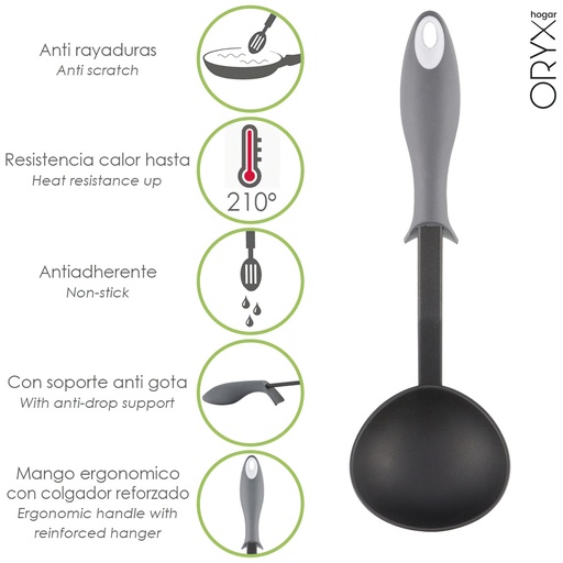 [5076012] Cucharon Servir Cocina Nylon Con Mango Antigotas Engomado 32 x 9,8 cm.