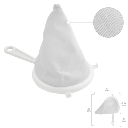 [5100010] Colador Tela Franela Armazón de Plastico Ø 14 cm. Con 2 Ganchos