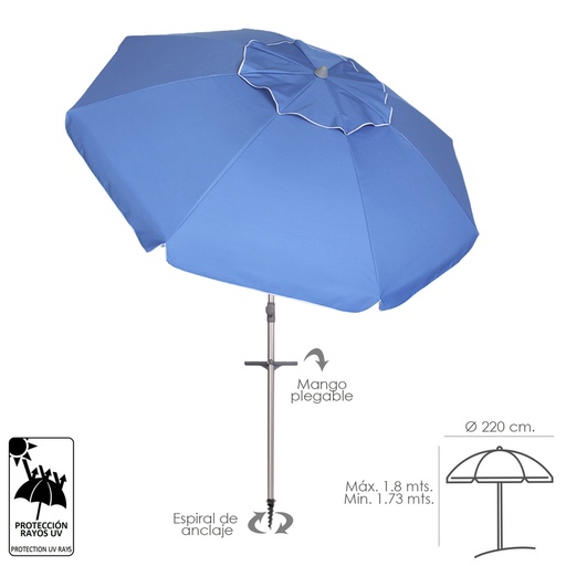 [8042665] Sombrilla Playa Aluminio Extra Grande Ø 220 cm. Con Protección UV, Cuspide Anti Viento, Mastil Aluminio con Mango y Espiral