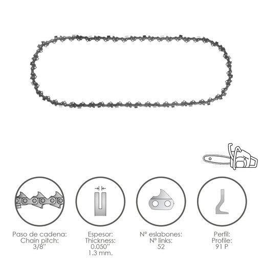 [8062515] Cadena Motosierra 3/8" / 0.050" 1,3 mm. / 52 Eslabones / 91 P