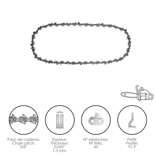 [8062505] Cadena Motosierra 3/8" / 0.050" 1,3 mm. / 40 Eslabones / 91 P