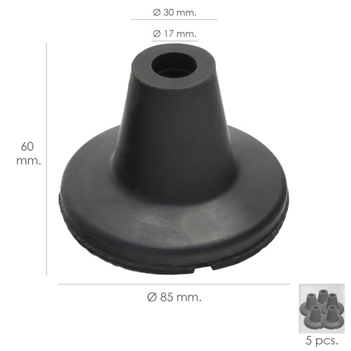 [5330165] Taco Goma Baston Negro Tubo Ø 19 mm. / Base Ø 85 mm. Tipo Ventosa Bolsa 5 Unidades