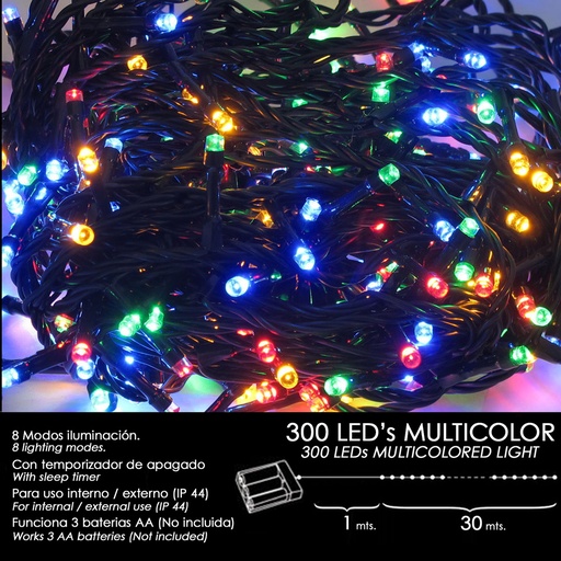[5490105] Luces Navidad A Pilas 300 Leds Multicolor Interior / Exterior (IP44)