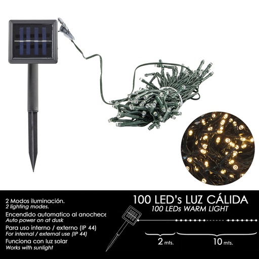 [5490115] Luces Navidad Solar 100 Leds Luz Cálida Interior / Exterior (IP44)