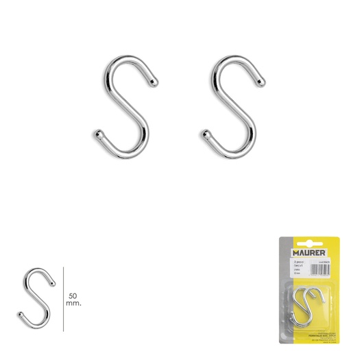 [1020305] Gancho "S" 50 mm Cromado (Blister 2 piezas) Uso Domestico