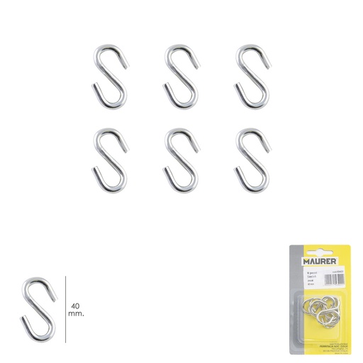[1020300] Gancho "S" 40 mm. Zincado (Blister 6 piezas) Uso Domestico