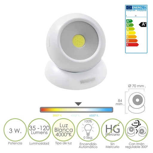 [19071800] Linterna LED Armario Esfera A Pilas (3 AAA) 120 Lumenes Ajustable 300º Con Iman y Adhesivo.