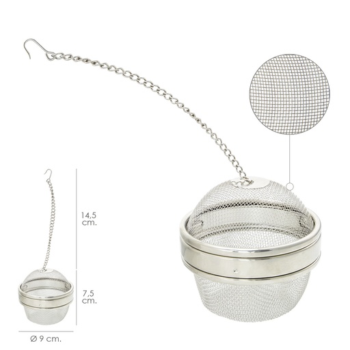 [5072010] Bola Malla Para Especias / Te  / Legumbres Acero Inoxidable Ø 9 cm. Con Cadena