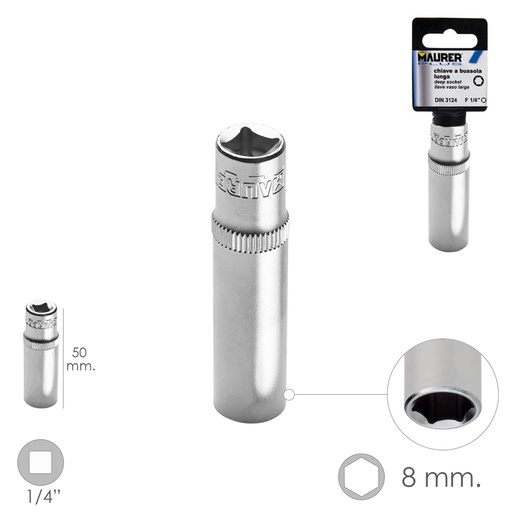 [2106400] LLave Vaso Larga 1/4" / 8 mm. Hexagonal. / Longitud 50 mm. Realizada en Acero Cromo Vanadio
