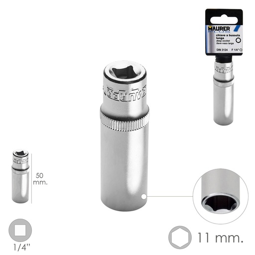 [2106410] LLave Vaso Larga 1/4" / 11 mm. Hexagonal. / Longitud 50 mm. Realizada en Acero Cromo Vanadio