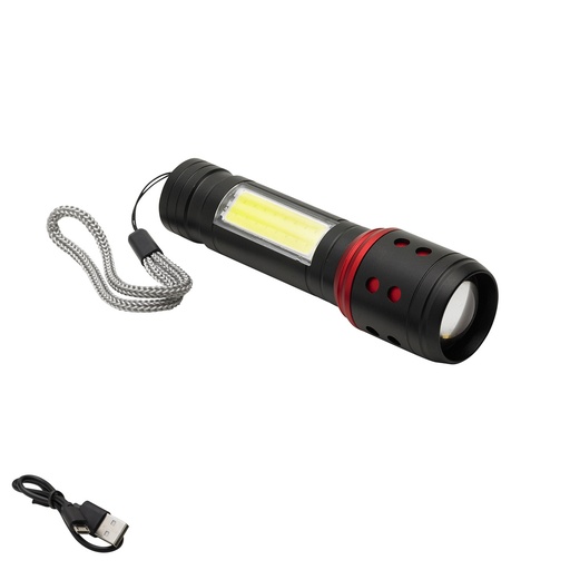 [19041605] Linterna LED De Mano Metalica Bateria Recargable (1.200 mAh) Luz Frontal / Lateral Hasta 300 Lumenes 5 Watt. Con Función Zoom