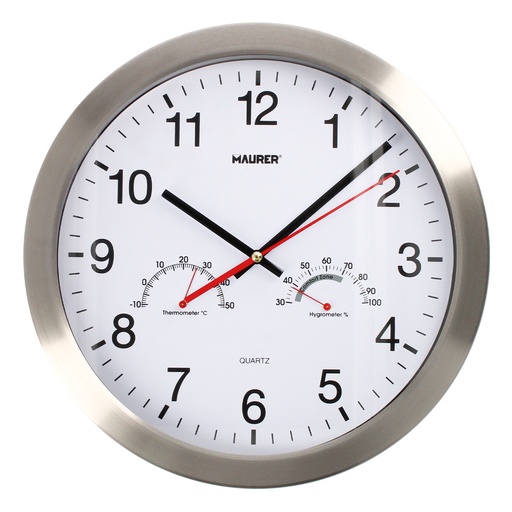[5152010] Reloj De Pared Ø 30 cm. Con Higrometro y Termometro. Frontal En Acero
