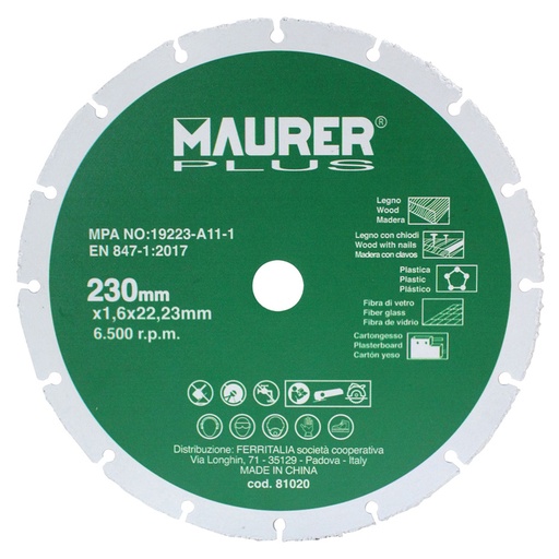[7020165] Disco De Corte Para Madera y Plasticos Ø 230 x 1,6 mm.