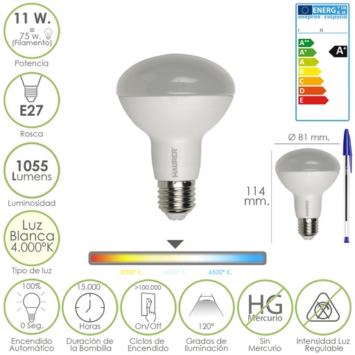 [19070829] Bombilla Led Standar Rosca E27 (Gorda) 11 Watt. Equivale a 75 Watt. 1055 Lumenes. Luz Blanca (4.000º K) A+