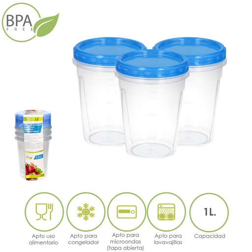 [5025085] Juego Recipientes Plastico Redondos 1 Litro (Pack 3 piezas)