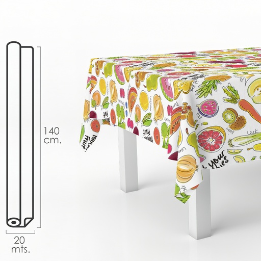 [5544000] Mantel Hule Rectangular Frutas Fantasia. Impermeable Antimanchas PVC 140 cm. x 20 metros. Rollo Recortable. Interior y Exterior