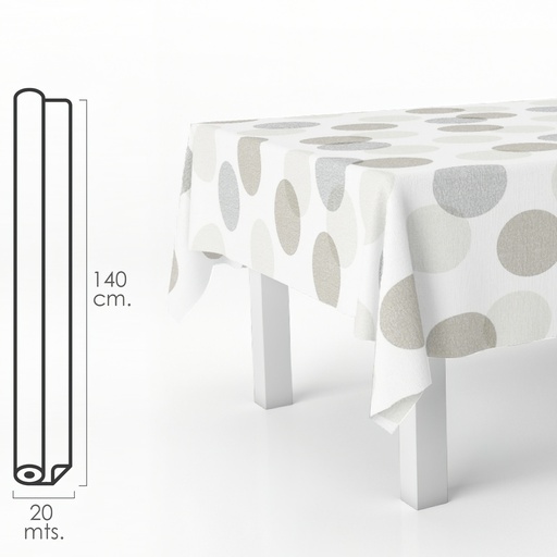 [5544025] Mantel Hule Rectangular Circulos Beis. Impermeable Antimanchas PVC 140 cm. x 20 metros. Rollo Recortable. Interior y Exterior