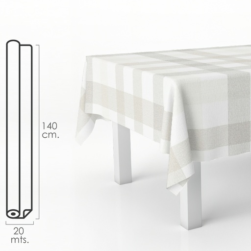 [5544030] Mantel Hule Rectangular Cuadros Beis. Impermeable Antimanchas PVC 140 cm. x 20 metros. Rollo Recortable. Interior y Exterior