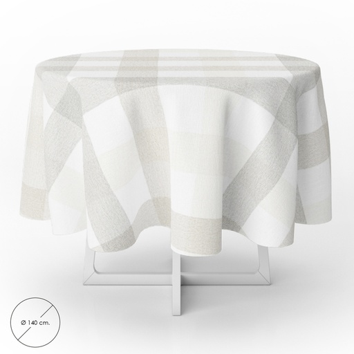 [5544031] Mantel Hule Redondo Cuadros Beige Impermeable Antimanchas PVC Ø 140 cm. Uso Interior y Exterior