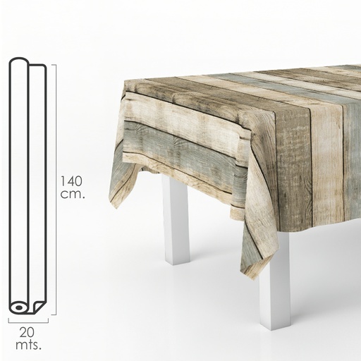 [5544035] Mantel Hule Rectangular Tablones Madera. Impermeable Antimanchas PVC 140 cm. x 20 metros. Rollo Recortable. Interior y Exterior