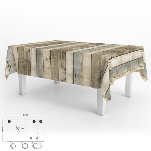 [5544037] Mantel Hule Rectangular Tablones Madera Impermeable Antimanchas PVC 140 x 250 cm.  Recortable Uso Interior y Exterior