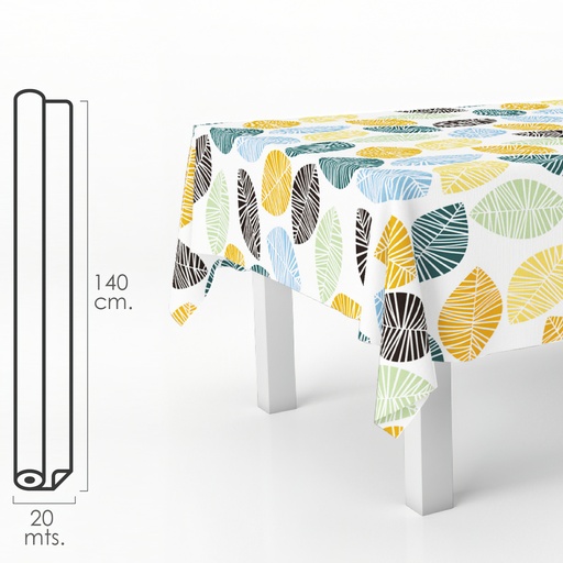 [5544045] Mantel Hule Rectangular Hojas Colores. Impermeable Antimanchas PVC 140 cm. x 20 metros. Rollo Recortable. Interior y Exterior