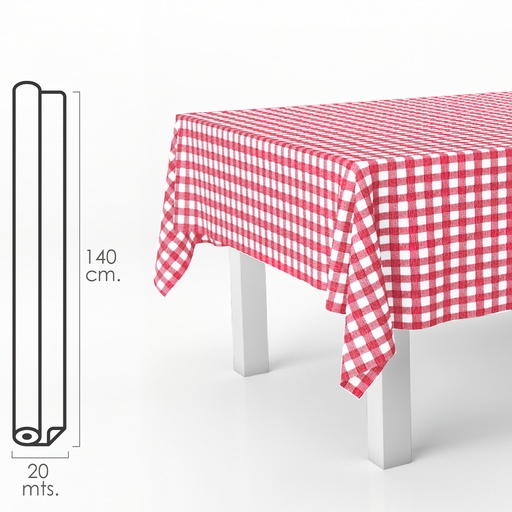 [5544055] Mantel Hule Rectangular Cuadros Rojos. Impermeable Antimanchas PVC 140 cm. x 20 metros. Rollo Recortable. Interior y Exterior