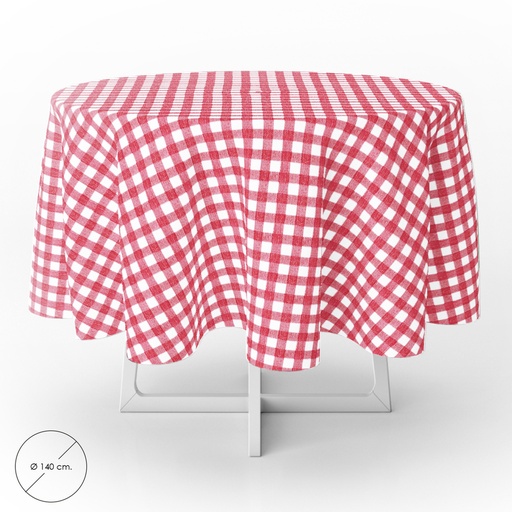 [5544056] Mantel Hule Redondo Cuadros Rojos Impermeable Antimanchas PVC Ø140 cm. Uso Interior y Exterior
