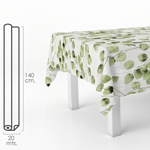 [5544070] Mantel Hule Rectangular Hojas Verdes. Impermeable Antimanchas PVC 140 cm. x 20 metros. Rollo Recortable. Interior y Exterior