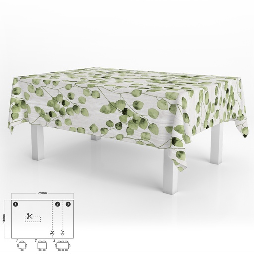 [5544072] Mantel Hule Rectangular Hojas Verdes Impermeable Antimanchas PVC 140x250 cm.  Recortable Uso Interior y Exterior