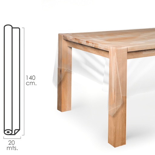 [5545000] Mantel Hule Rectangular Transparente. Impermeable Antimanchas PVC 140 cm. x 20 metros. Rollo Recortable. Interior y Exterior
