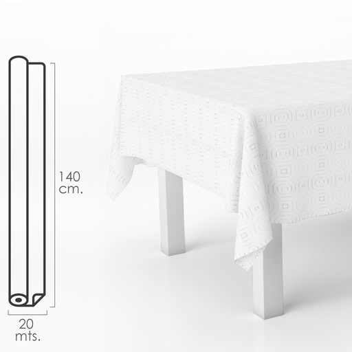 [5545500] Mantel Hule Muletón Blanco Rectangular. Impermeable Antimanchas PVC 140 cm. x 20 metros. Rollo Recortable. Interior y Exterior