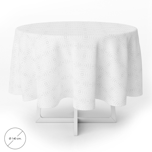 [5545501] Mantel Hule Muleton Redondo Blanco Impermeable Antimanchas PVC Ø 140 cm. Uso Interior y Exterior