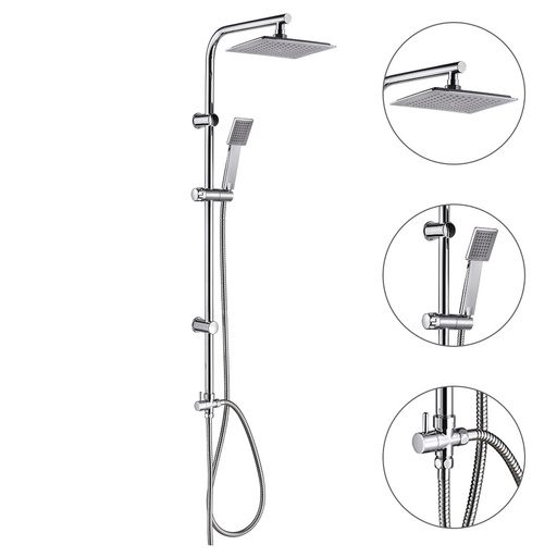 [4022010] Columna Ducha Universal Multifuncional Completa Cuadrada, Acero inoxidable, Rociador Alcachofa Efecto Lluvia 22,5x22,5 cm.
