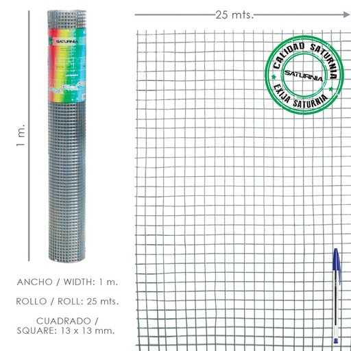 [1201525] Malla Electrosoldada Galvanizada 13x13 / Altura 100 cm. Rollo 25 Metros Uso Domestico