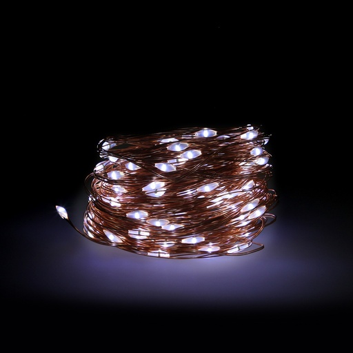 [5490550] Luces Navidad 100 Microleds Blanco Frio, Cable Color Cobre Funcionamiento A Bateria (3 AA No incluidas) o Con Cable USB. IP44