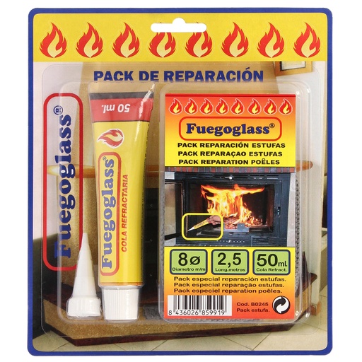 [22022010] Kit Reparacion Estufas/Chimeneas, Cola Refractaria y Cordon Fibra Vidrio 8 mm. x 2,5 m.