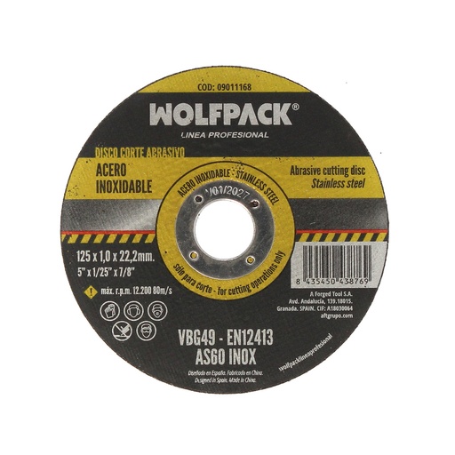 [9011168] Disco Corte Abrasivo Acero Inoxidable Ø 125x Ø 22,2 mm Espesor 1,0 mm. Disco Radial / Amoladora Universal